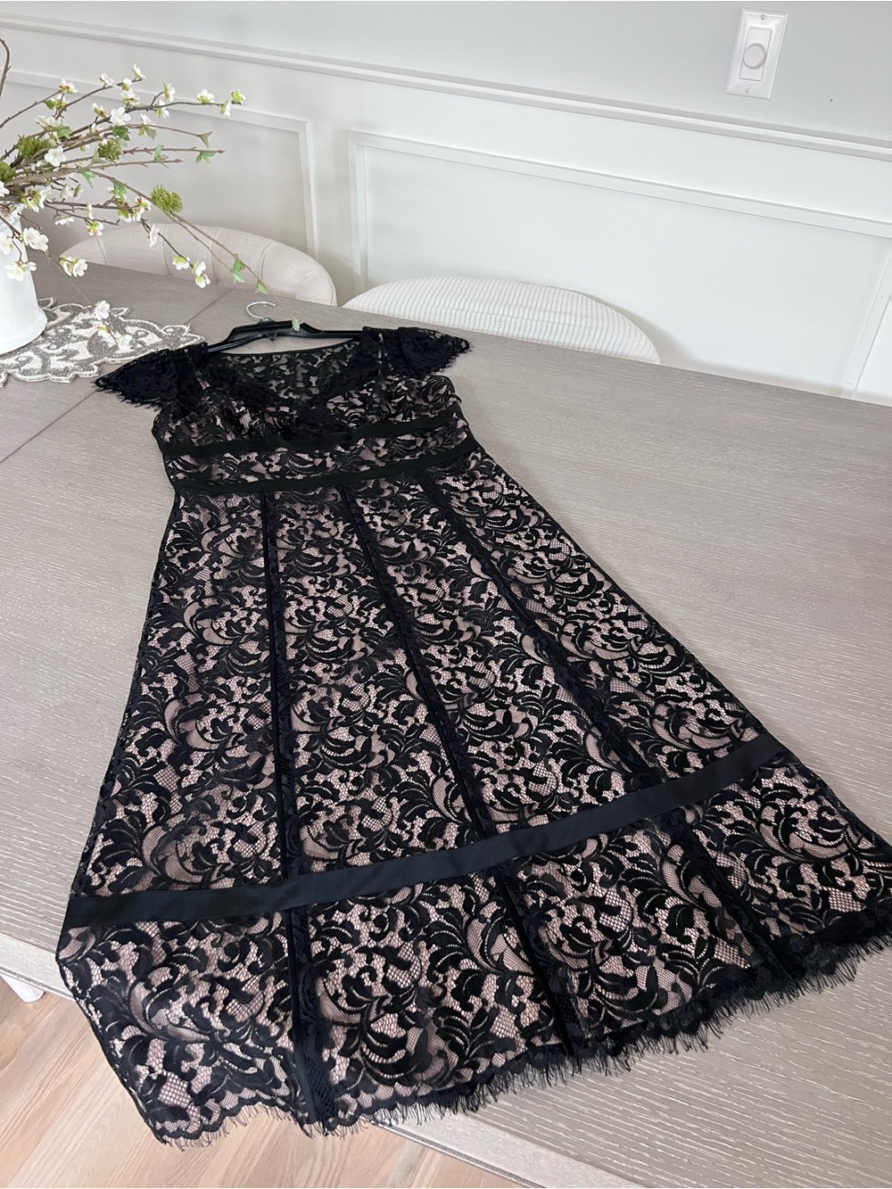 LOFT Black Lace Midi Dress with Nude Lining - Picture 12 of 13